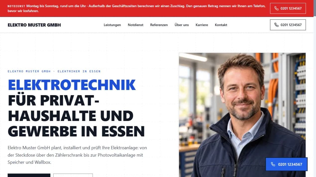 Screenshot: Website für einen Elektrofachbetrieb, fiktives Beispiel